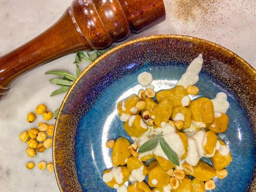 Pumpkin gnocchi with parmigiano fondue and toasted hazelnuts