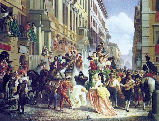 Artistic representation of Carnival on Rome's Via del Corso